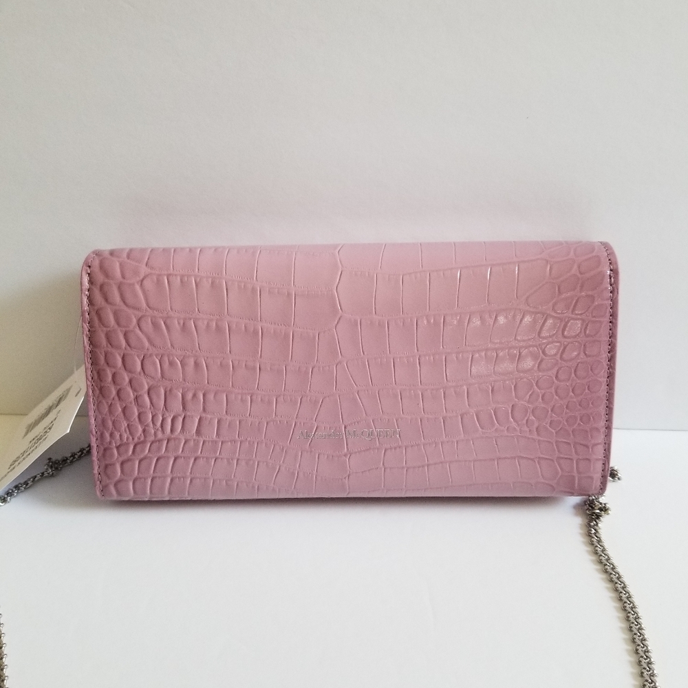 Alexander McQueen Croc-Embossed Leather Wallet-On-Chain Antic Pink - Picture 5 of 13